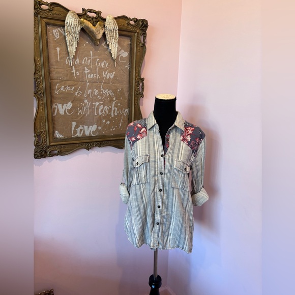 Free People Tops - Free People Blue and White Striped Button-Up with Floral Trim oversized fit